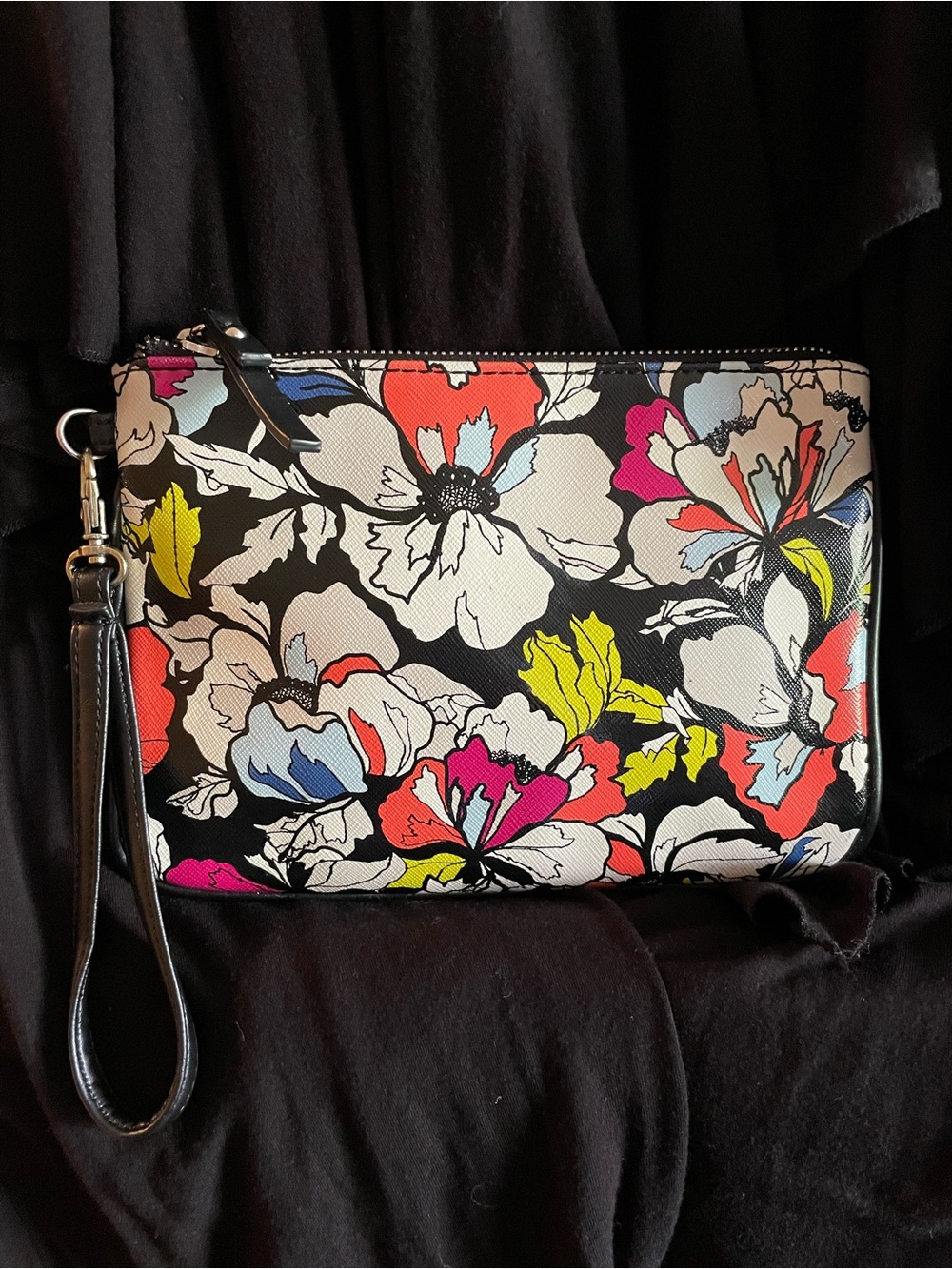 Nine West Black Floral Wristlet Clutch with Multicolor Blooms